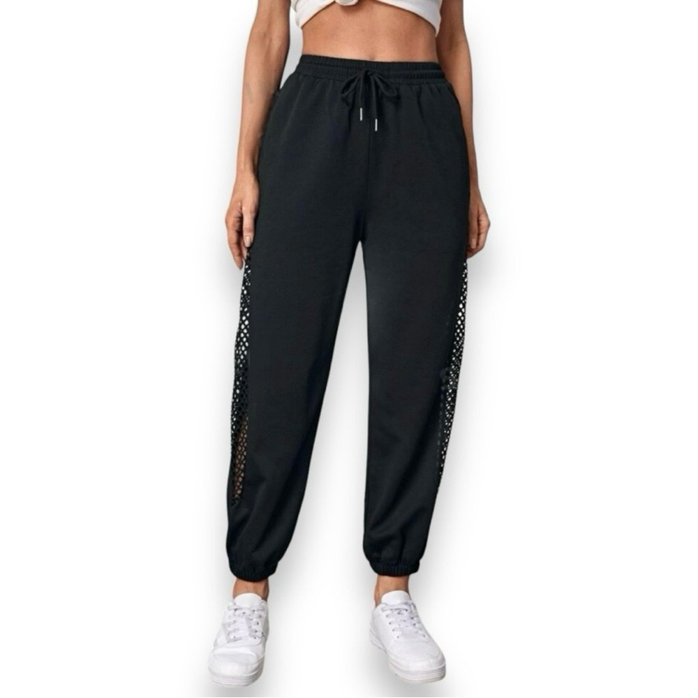 Black Drawstring Fishnet Casual Gym Workout Statement Sporty Sweatpants Joggers